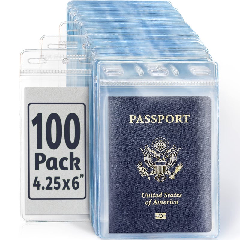 EcoEarth Passport & Identification Card Holders with Soft Edge (Clear, 4x6 Inch, 100 Pack), Extra Large Vertical ID Holder, Zipperless Plastic Name Badge Holders - Image 1